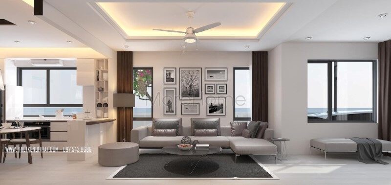 Phòng khách hiện đại, độc đáo với ý tưởng thiết kế tranh treo tường làm điểm nhấn kết hợp cùng sofa góc hiện đại tạo nên nét độc đáo, sang trọng.