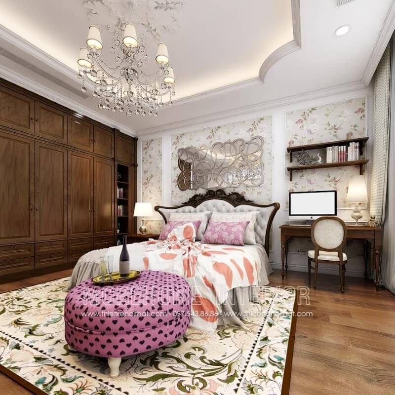 Thiết kế tủ quần áo gỗ óc chó tân cổ điển đẹp trong phòng ngủ