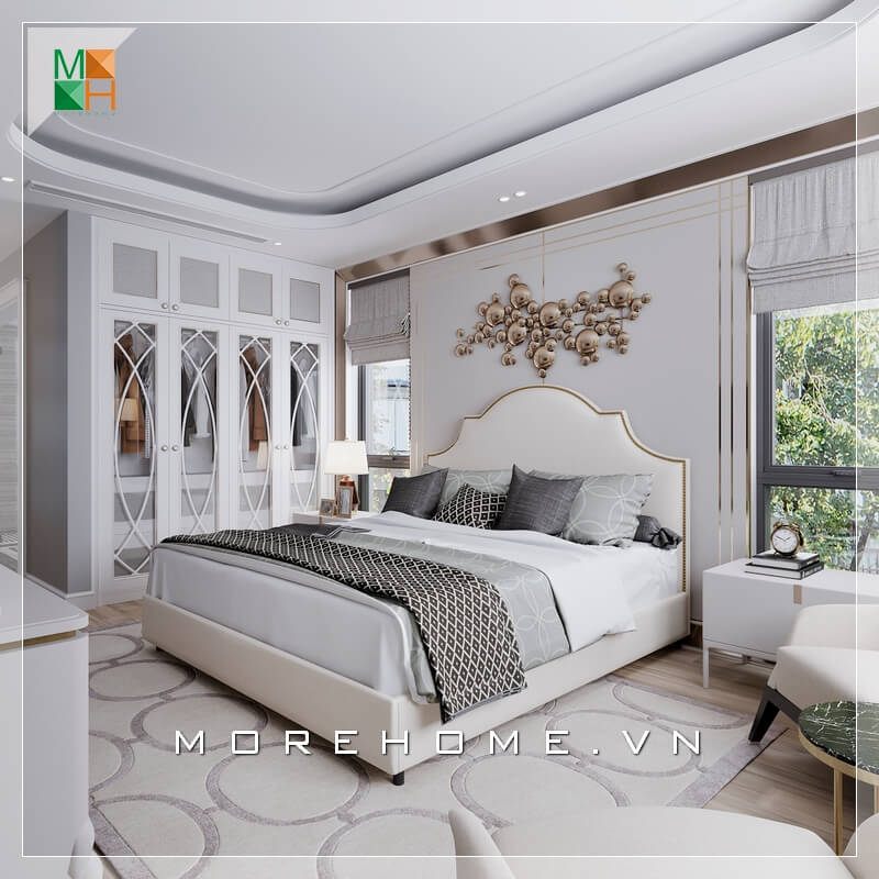 Mẫu thiết kế tủ quần áo phòng ngủ âm tường kịch trần màu trắng phong cách tân cổ điển dành cho biệt thự.