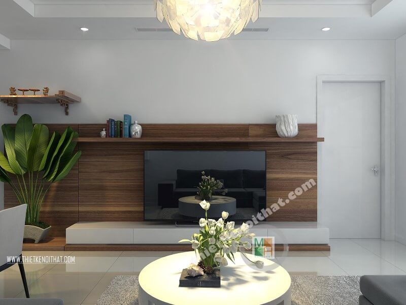 Kệ ti vi treo tường cao cấp là đồ nội thất được ưa chuộng tại phòng khách chung cư nhỏ giúp tiết kiệm diện tích không gian